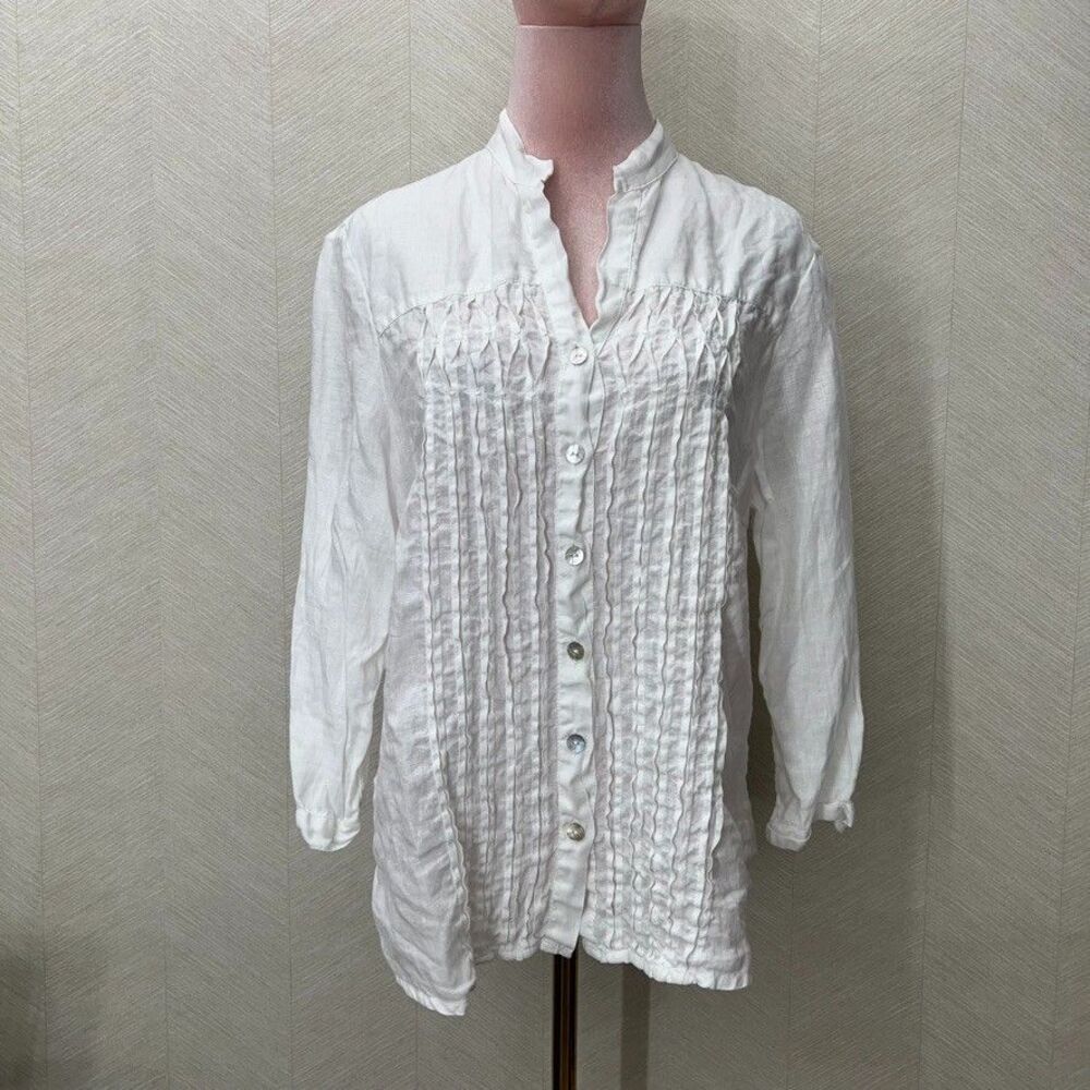 Raphael Long Sleeve Shell Buttons White Linen Tunic Shirt Womens Size M